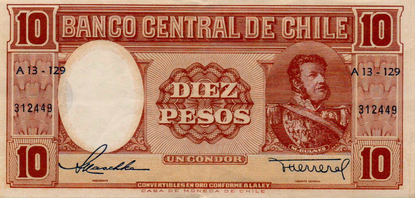 Chile 10 1958 UNC P-120/1